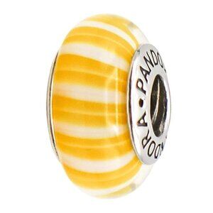 Pandora Yellow Candy Stripes Murano Glass Bead Sterling Silver Charm Retired